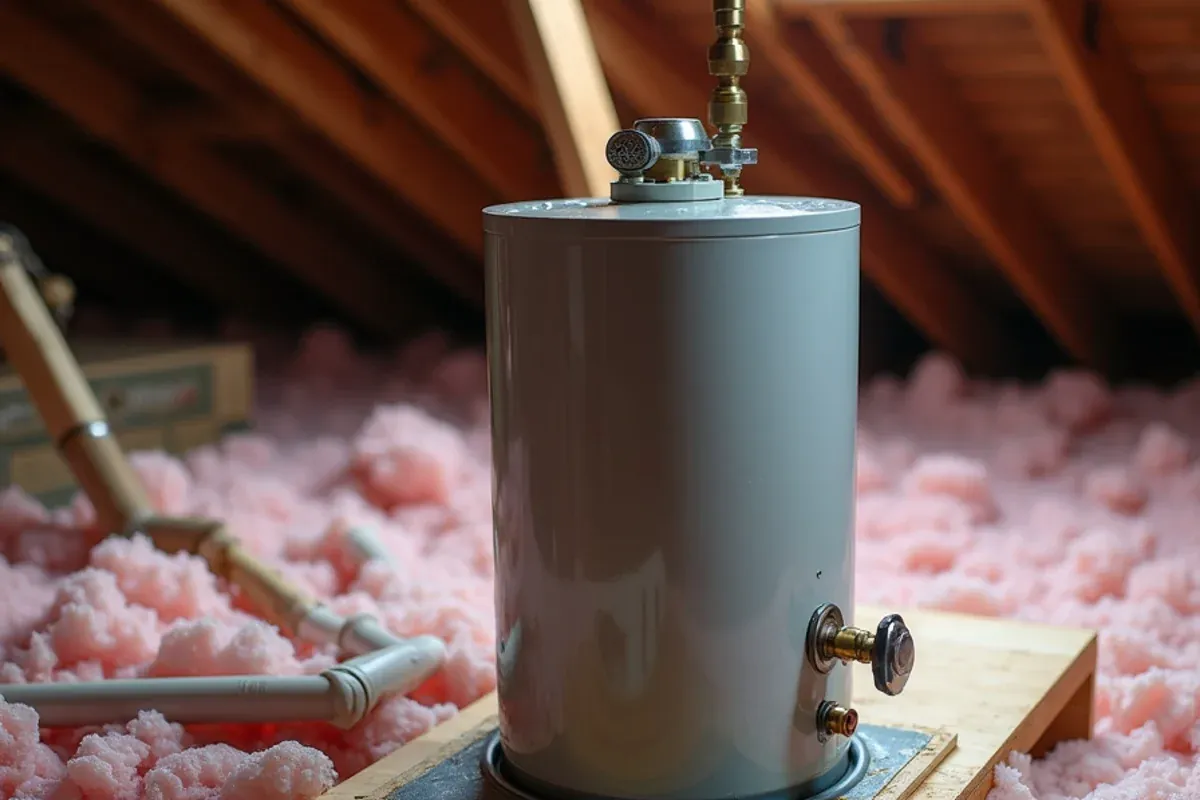 Tank water heater on a raised wooden platform surrounded by blown insulation in a Katy-area attic