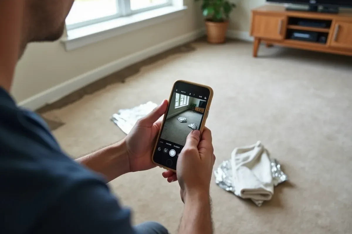 Homeowner photographing wet carpet and a water line on drywall with a phone before cleanup in a Katy-area home