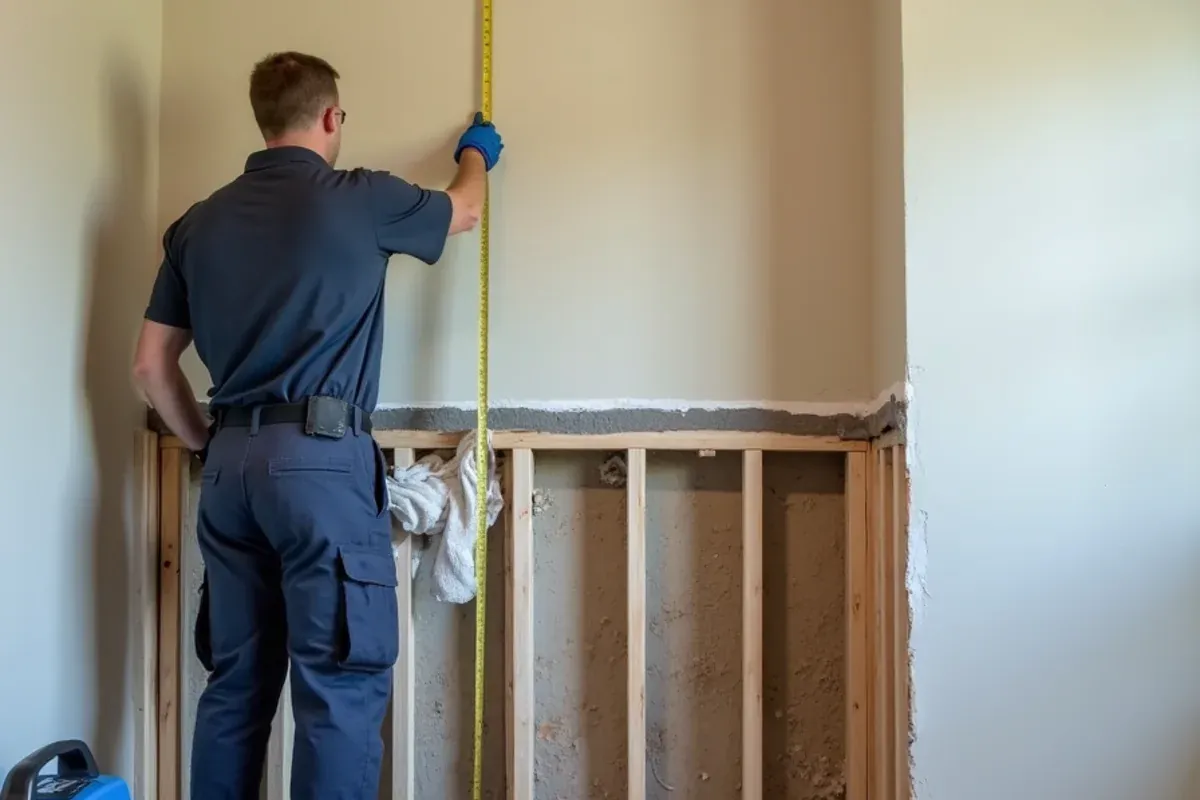 Technician measuring a flood cut above the waterline in a Fort Bend County home after rising water