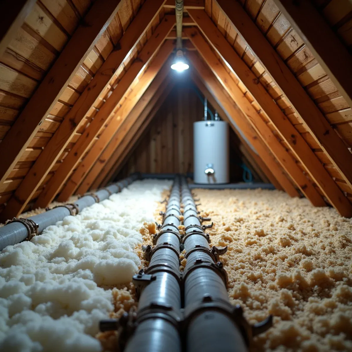 Water supply lines running through attic insulation above the ceiling of a two-story Katy, TX home