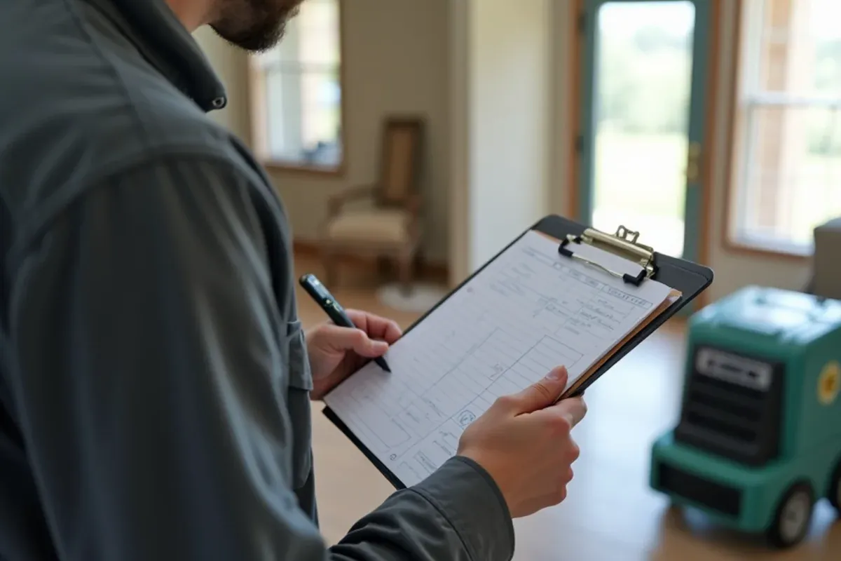 Restoration technician recording moisture readings on a clipboard drying log in a Texas home
