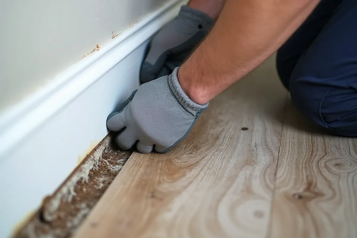 Gloved technician pulling back a baseboard to check for hidden moisture after a leak in a Fulshear, TX home