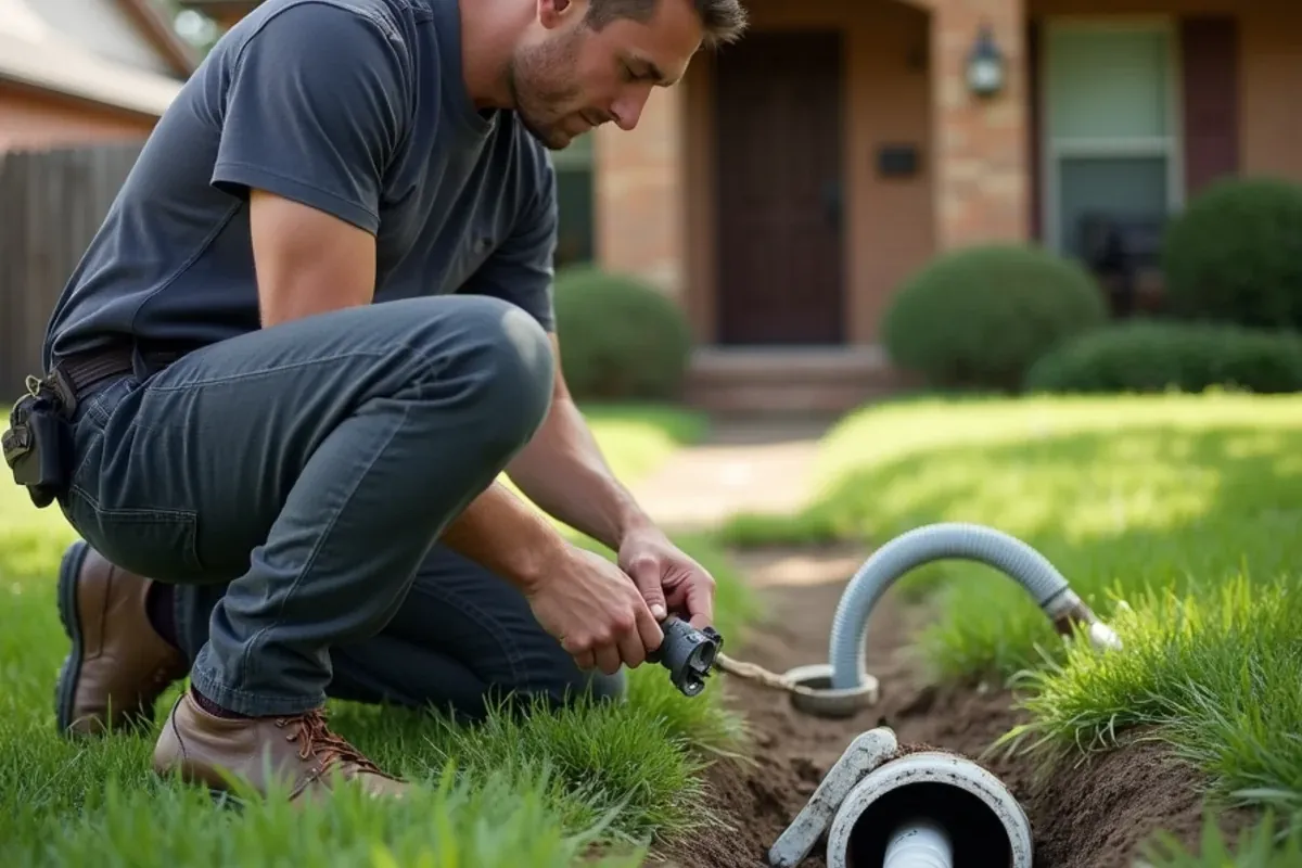 Plumber opening a sewer cleanout near the property line of an older home in Brookshire, TX