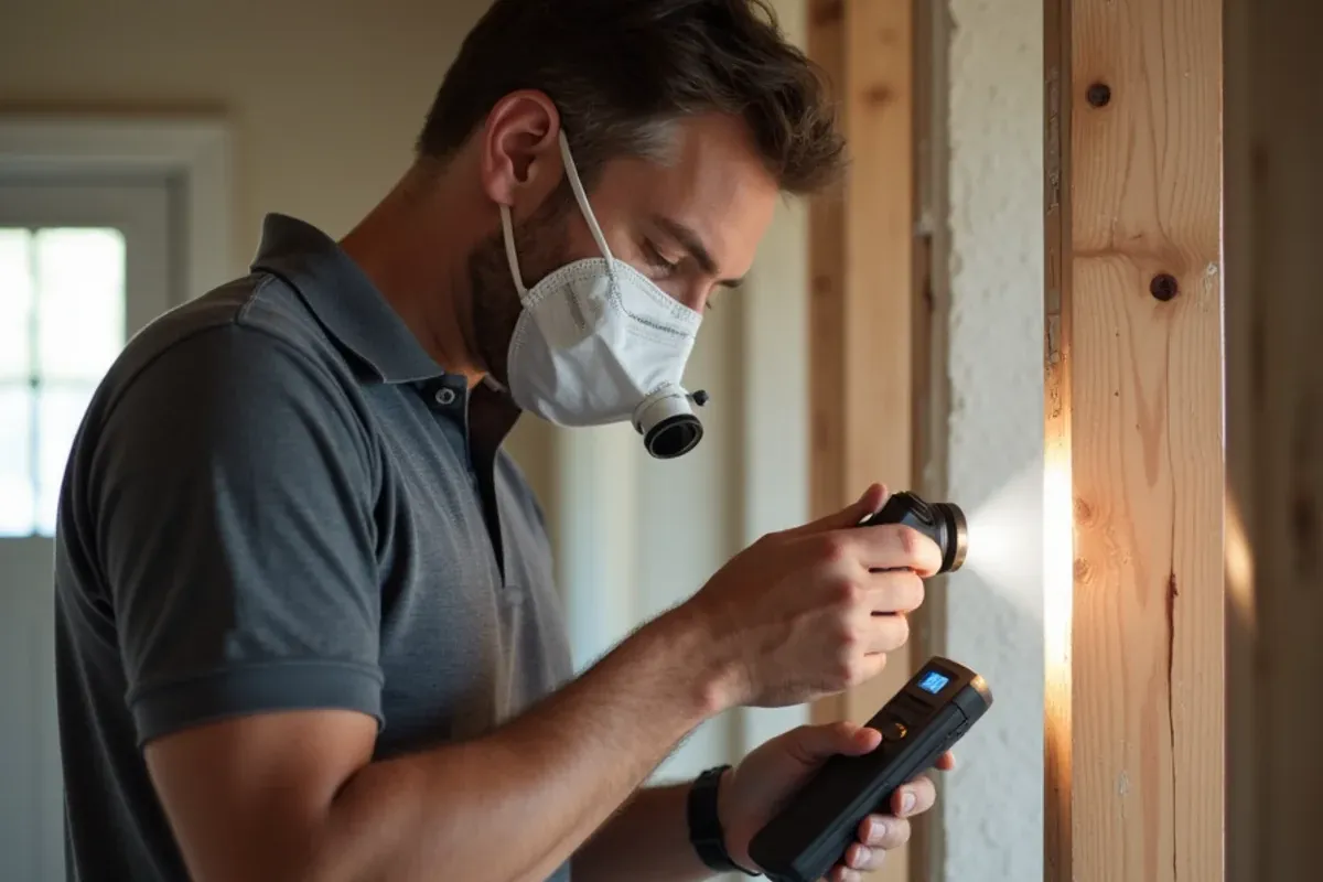 Mold assessor inspecting cleaned wall framing inside containment during a post-remediation assessment near Katy, TX