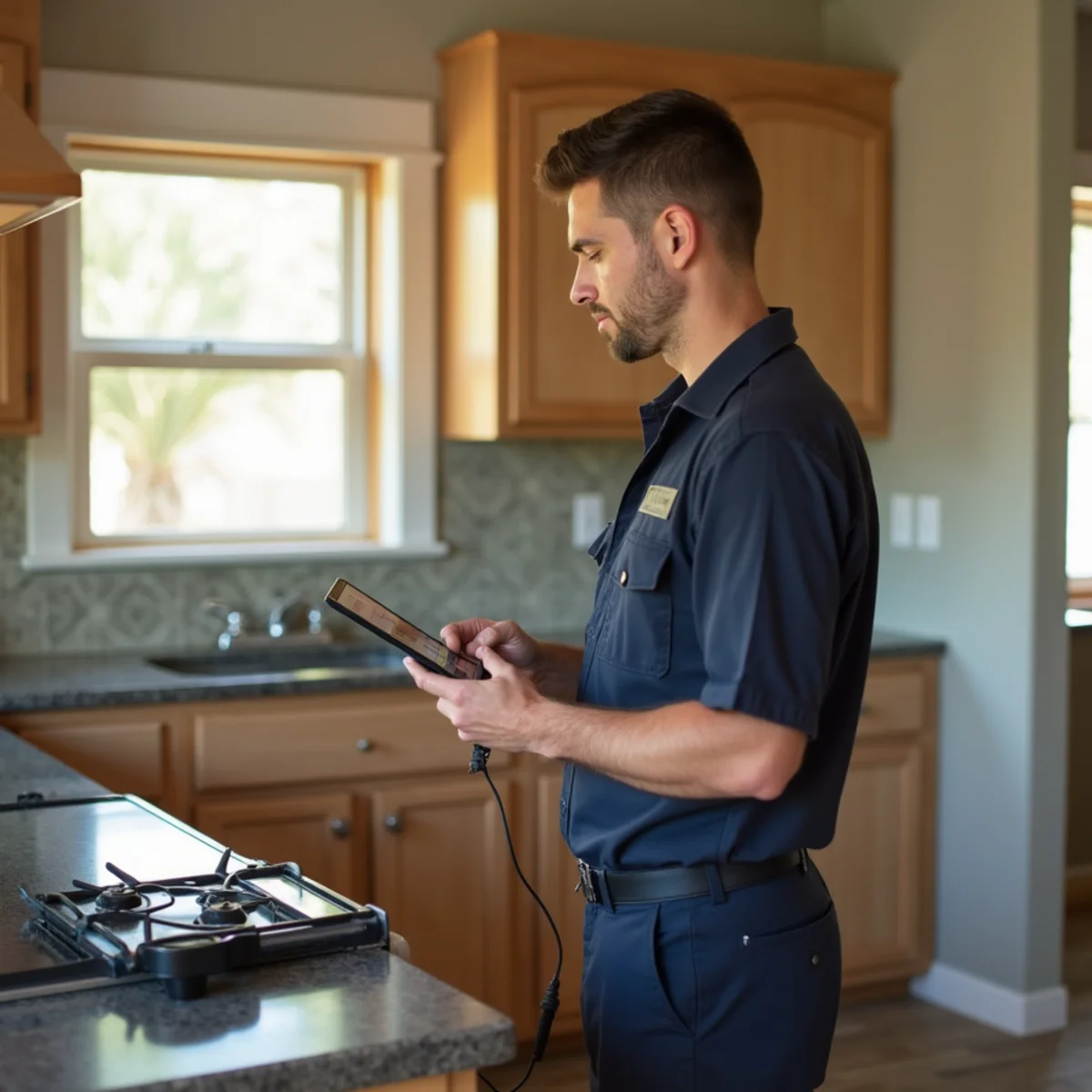 Restoration technician reviewing moisture readings on a tablet to build an itemized estimate in a Katy, TX kitchen