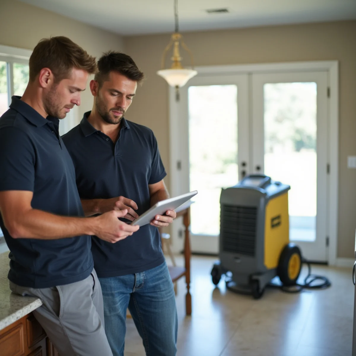 Restoration technicians reviewing moisture readings on a tablet in a Katy, TX kitchen