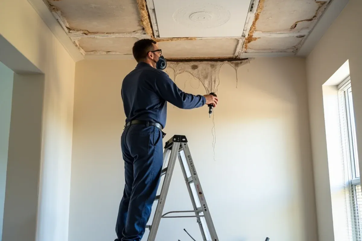 Technician removing wet ceiling drywall and insulation after a burst pipe in a Katy home