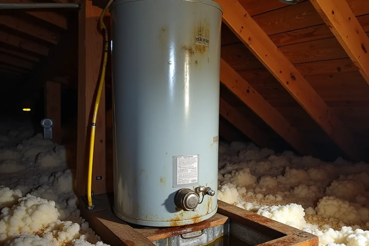 Leaking tank water heater and overflowing drain pan in a Katy, TX attic