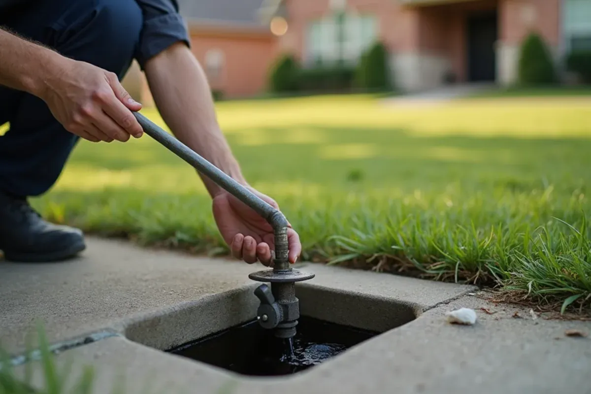 Closing the main water valve with a meter key in the curbside meter box of a Katy, TX home