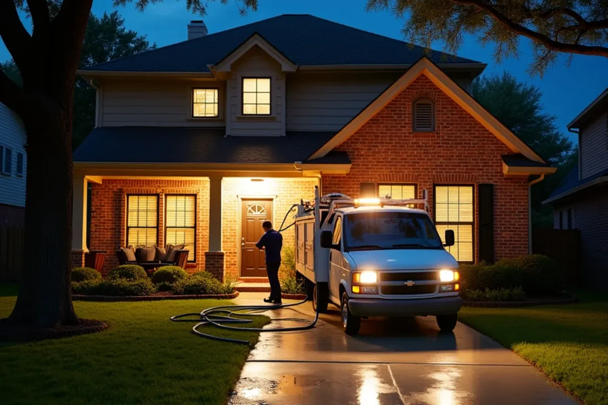 Technician running a truck-mount extraction hose into a flooded Katy, TX home at night