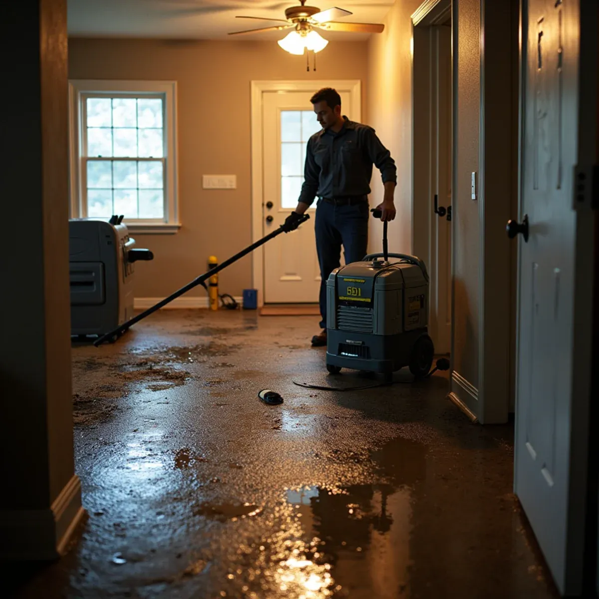 Restoration technician extracting standing water from a hallway floor in a Katy, TX home