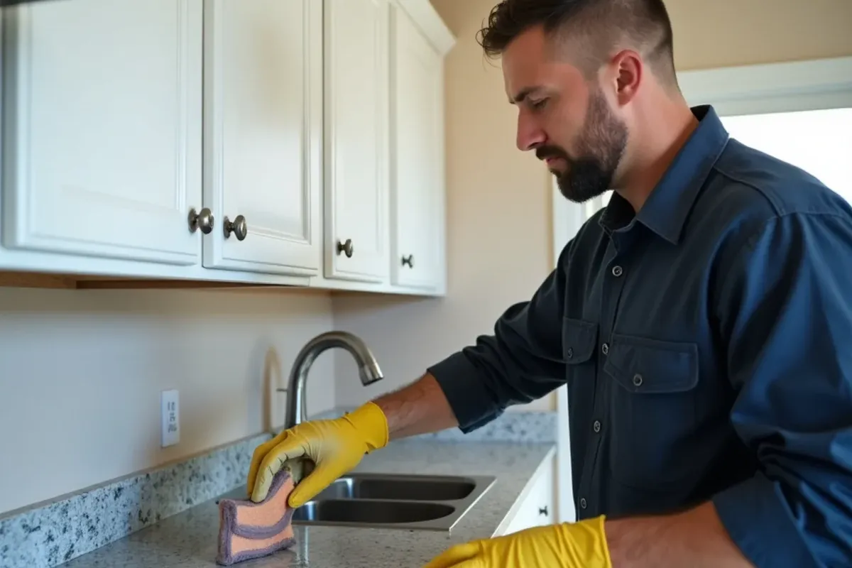 Gloved technician cleaning smoke residue from a kitchen sink and counter after a fire in a Katy home