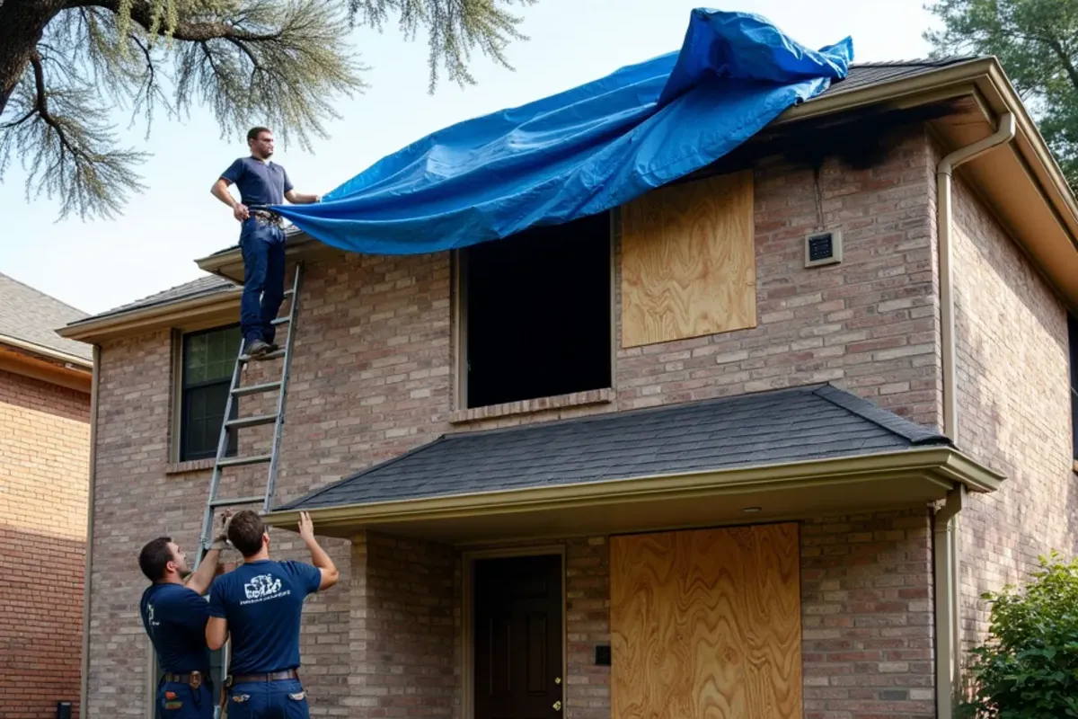 Crew securing a blue roof tarp and plywood window board-up on a fire-damaged two-story home in Katy, TX