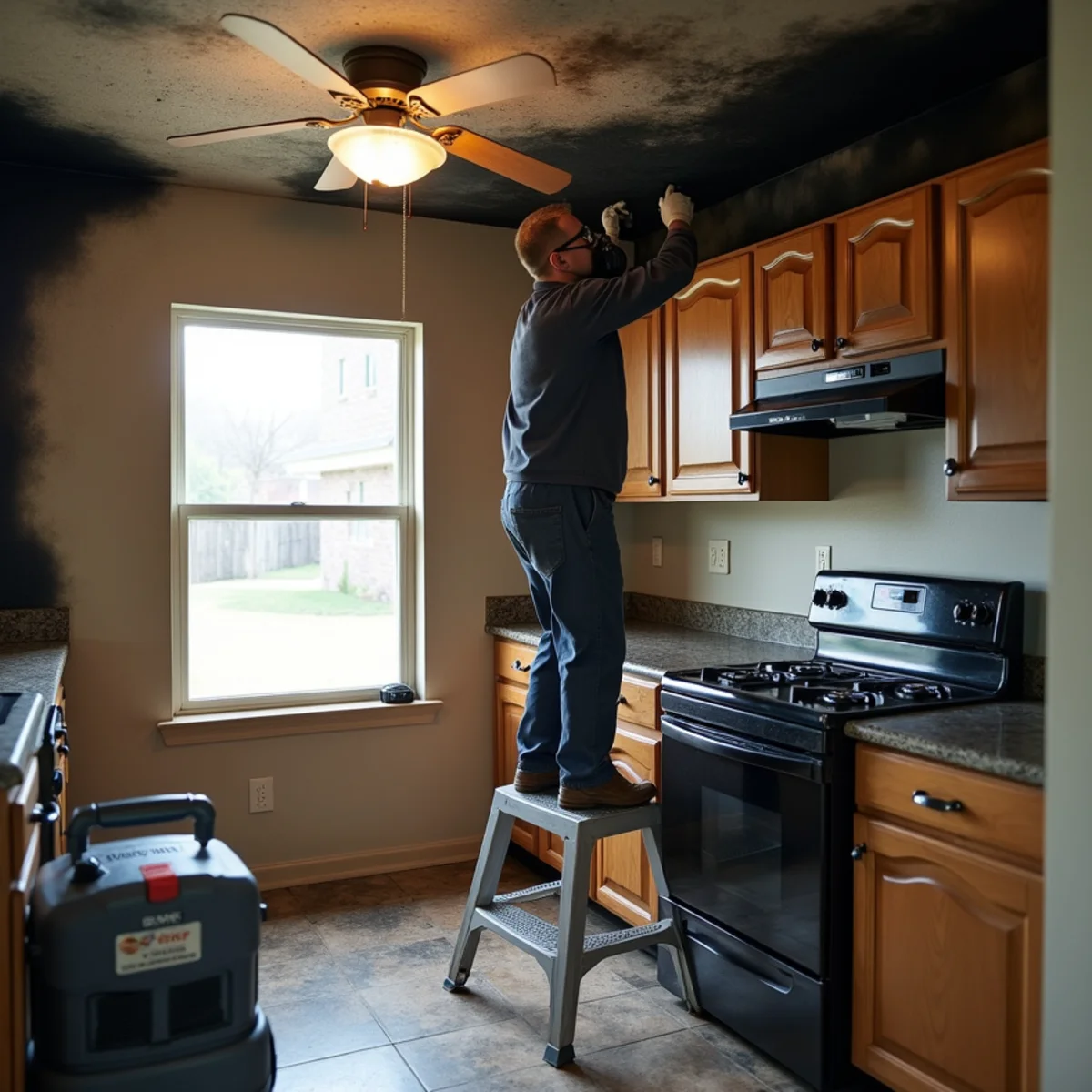 Restoration technician cleaning soot from a kitchen ceiling after a house fire in Katy, TX