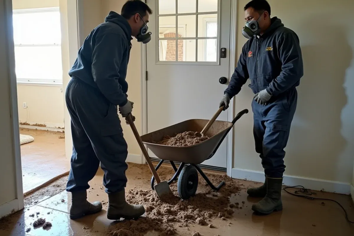 Crew in protective gear clearing mud and debris from a flooded living room near Katy, TX