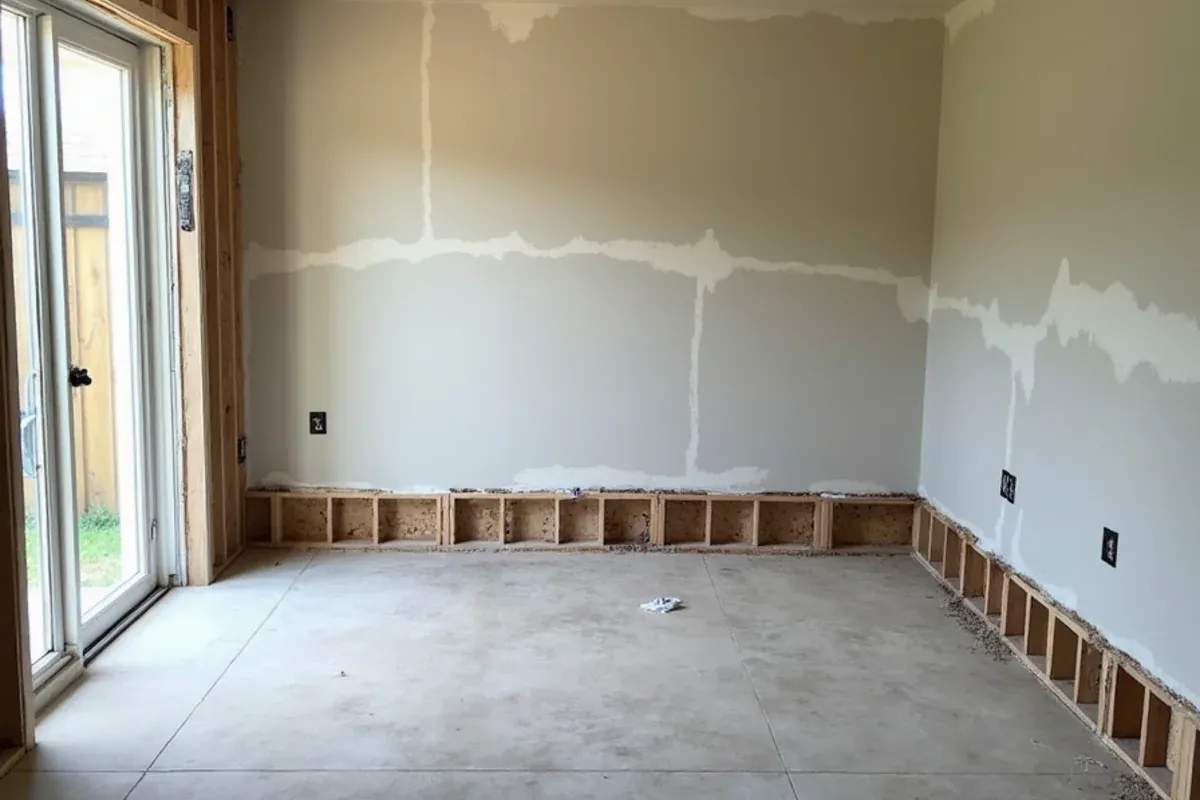 Drywall flood cut in a level line above the water mark, with bare studs drying in a Katy home