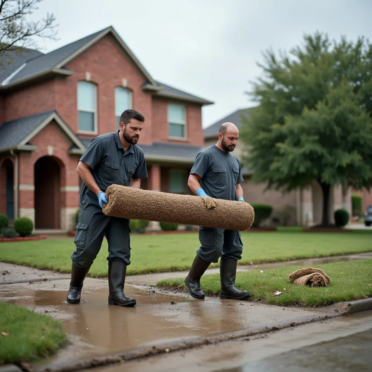 Restoration crew carrying flood-soaked carpet out of a brick home in Katy, TX after a storm