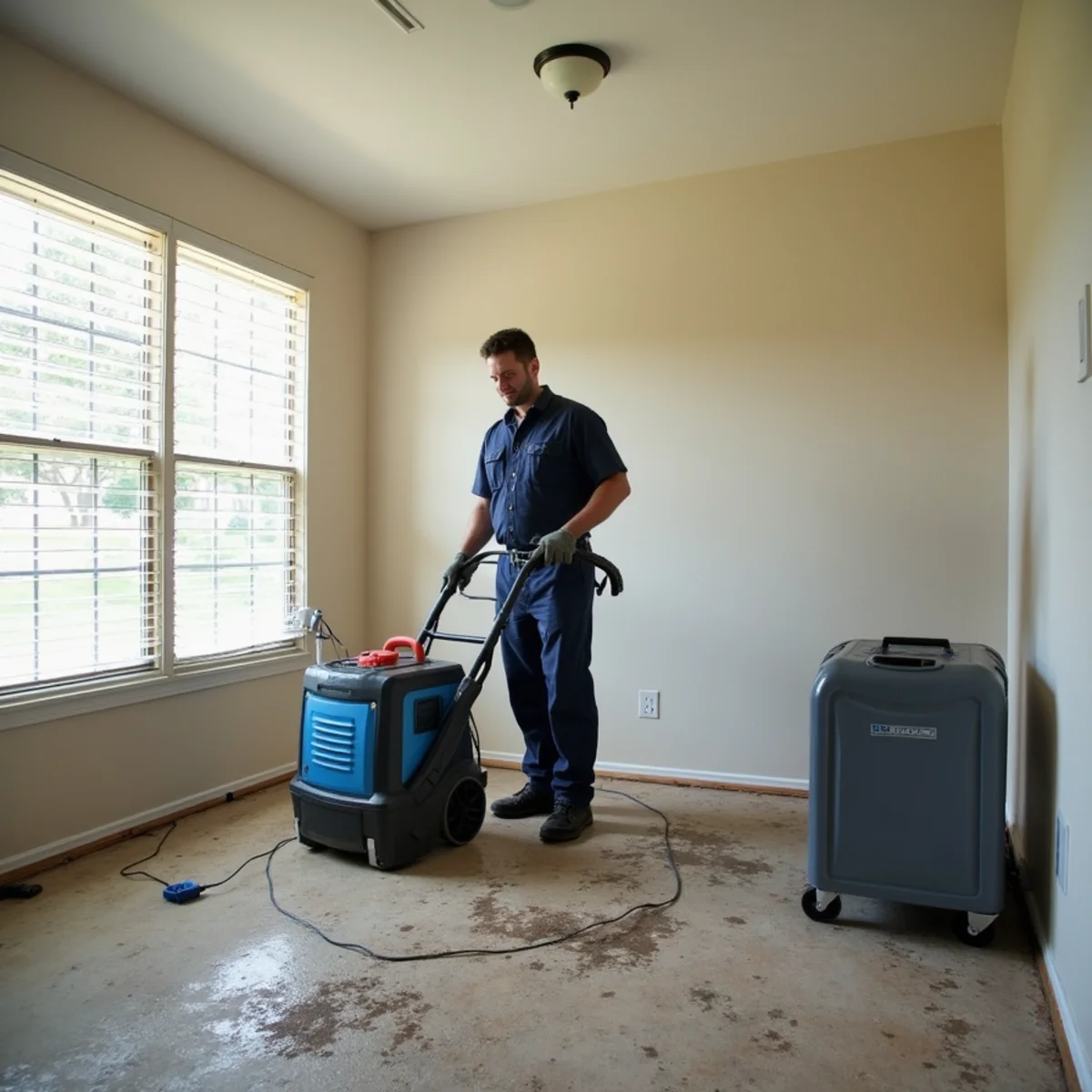Restoration technician setting air movers and a dehumidifier in a water-damaged Katy, TX living room