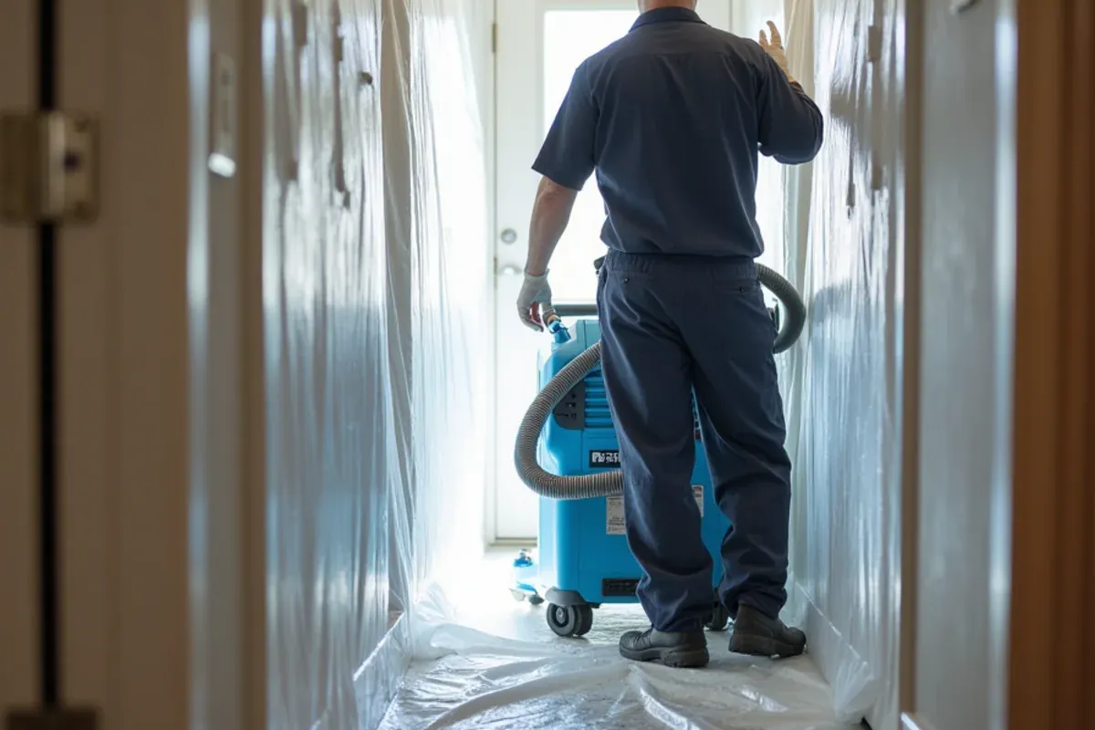 Plastic containment with a zipper door and HEPA air scrubber set up for mold remediation in a Katy hallway