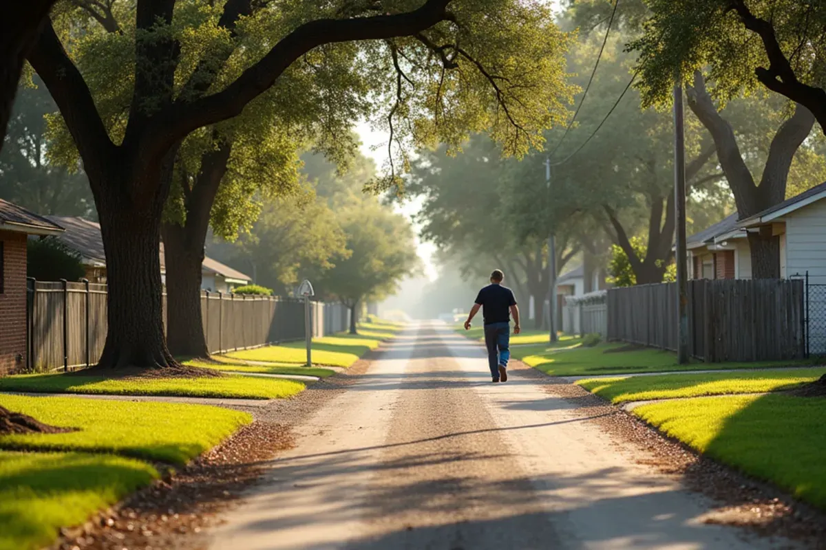 Small-town street of older single-story homes and live oaks in Brookshire, TX