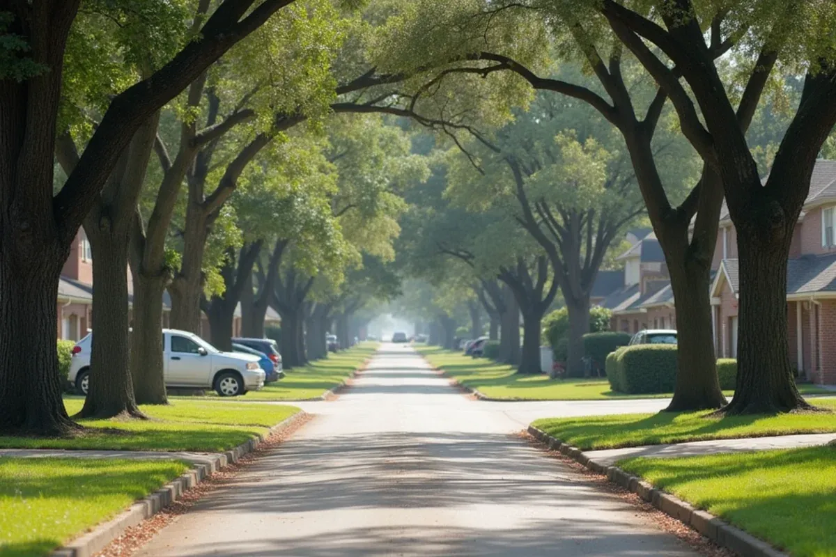 Tree-lined residential street of two-story brick homes in Cinco Ranch, TX