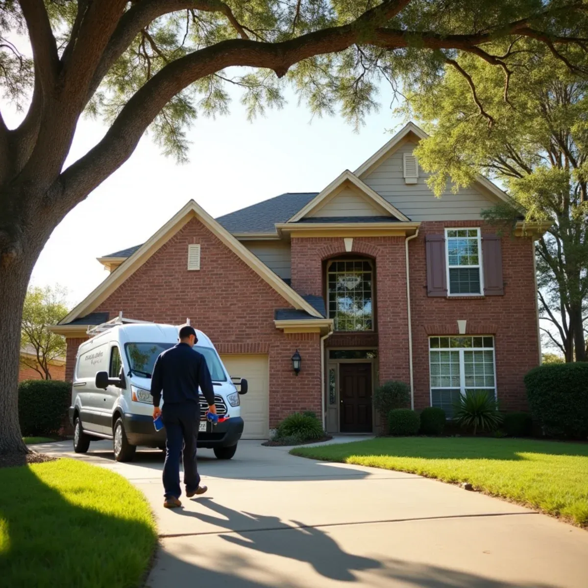 Two-story brick home in Cinco Ranch, TX with a restoration van parked in the driveway