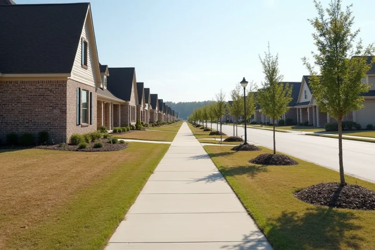 Street of newly built homes with young trees in Fulshear, TX