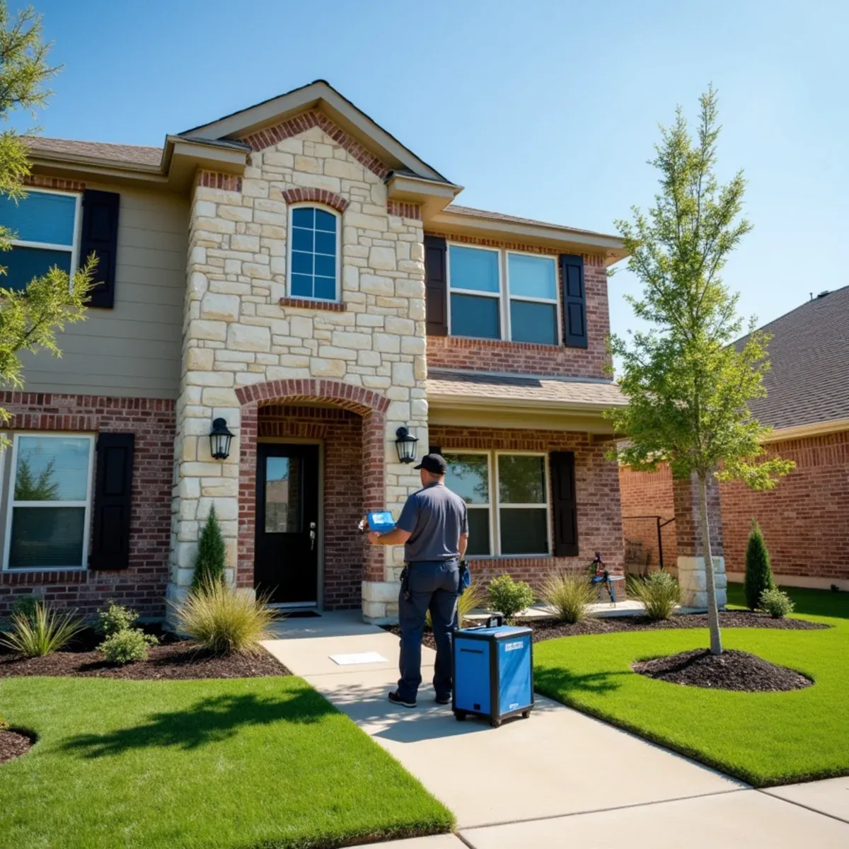 New two-story stone and brick home in a Fulshear, TX community with a restoration technician and drying equipment out front
