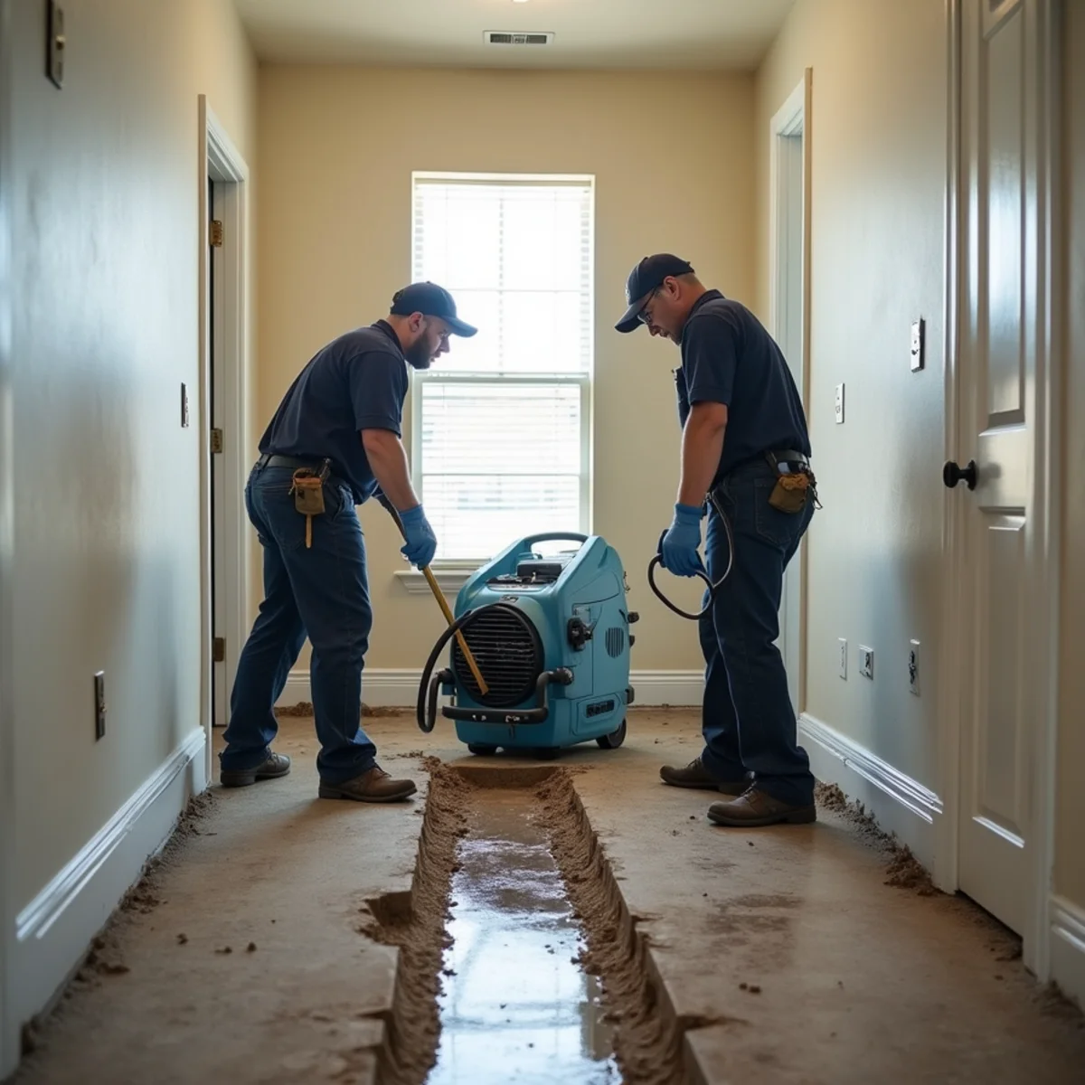 Restoration crew drying a water-damaged hallway with an open floor trench in a Richmond, TX home