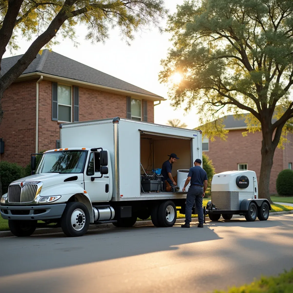Restoration crew work truck parked outside a two-story brick home in a Katy, TX subdivision