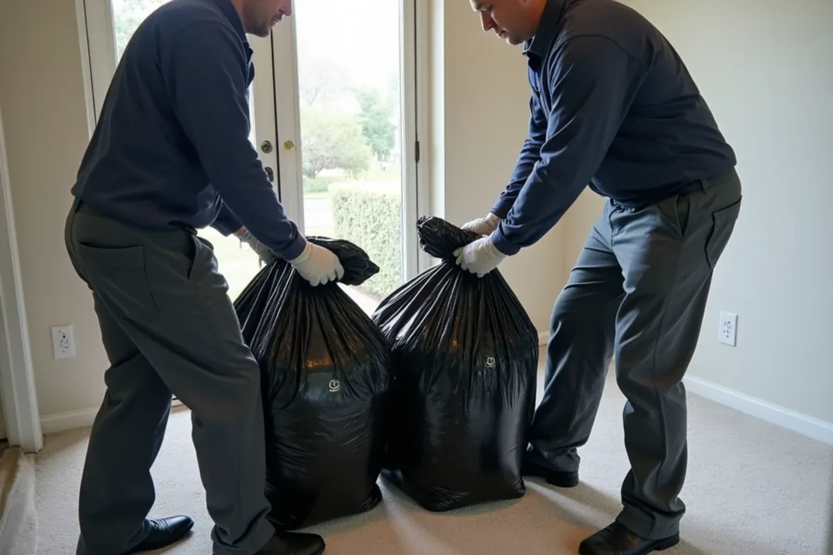 Crew bagging sewage-soaked carpet and pad for disposal in a Katy, TX home