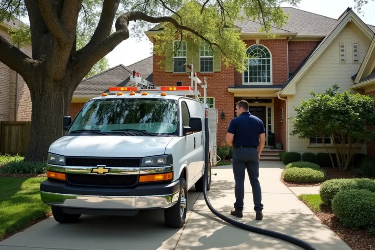 Truck-mounted extraction hose running from a service van into a two-story brick home in Katy, TX