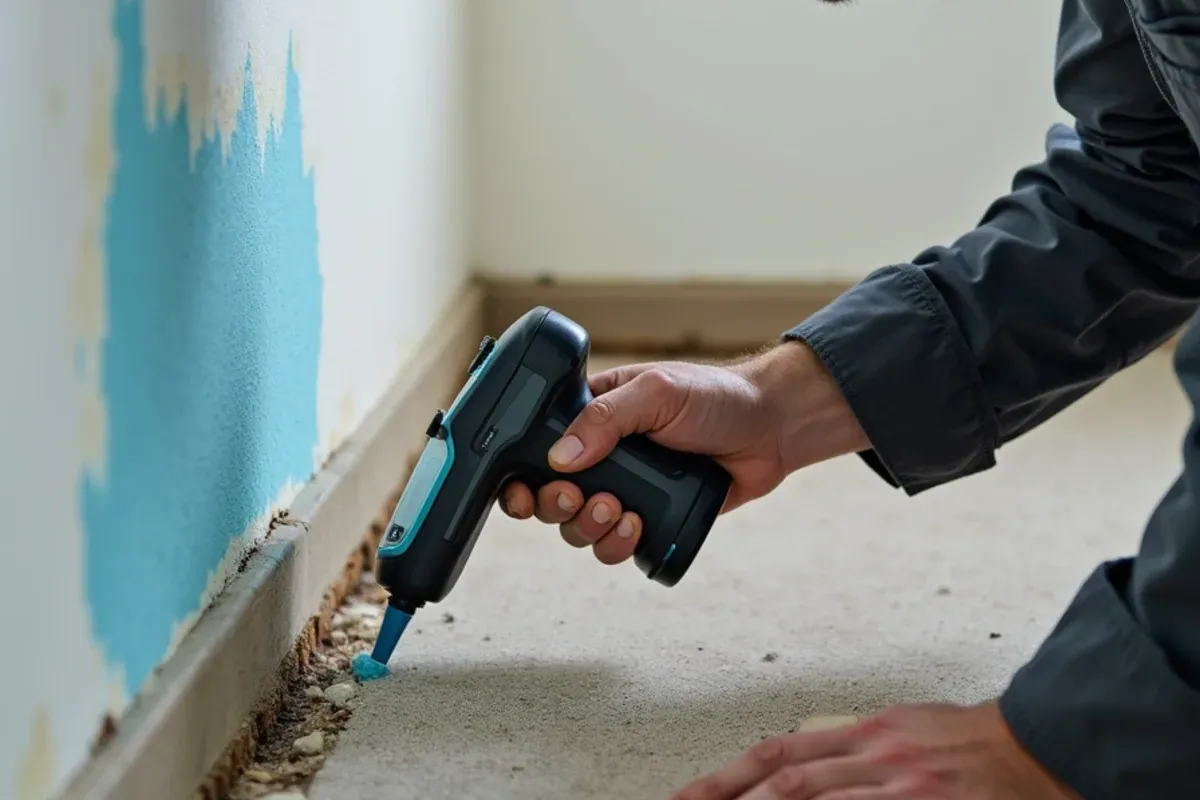 Technician checking wet drywall with a moisture meter and thermal camera in a Katy home
